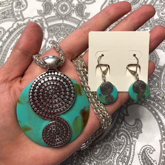 ⬇️ Turquoise pendent necklace with earrings - Picture 1 of 7